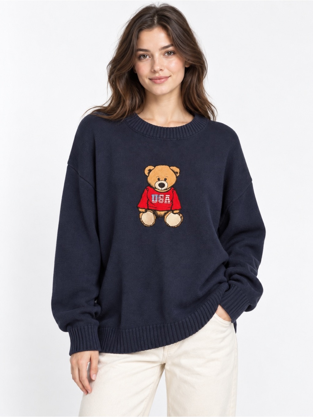Harper Navy Crewneck Sweater with Embroidered Bear in Red